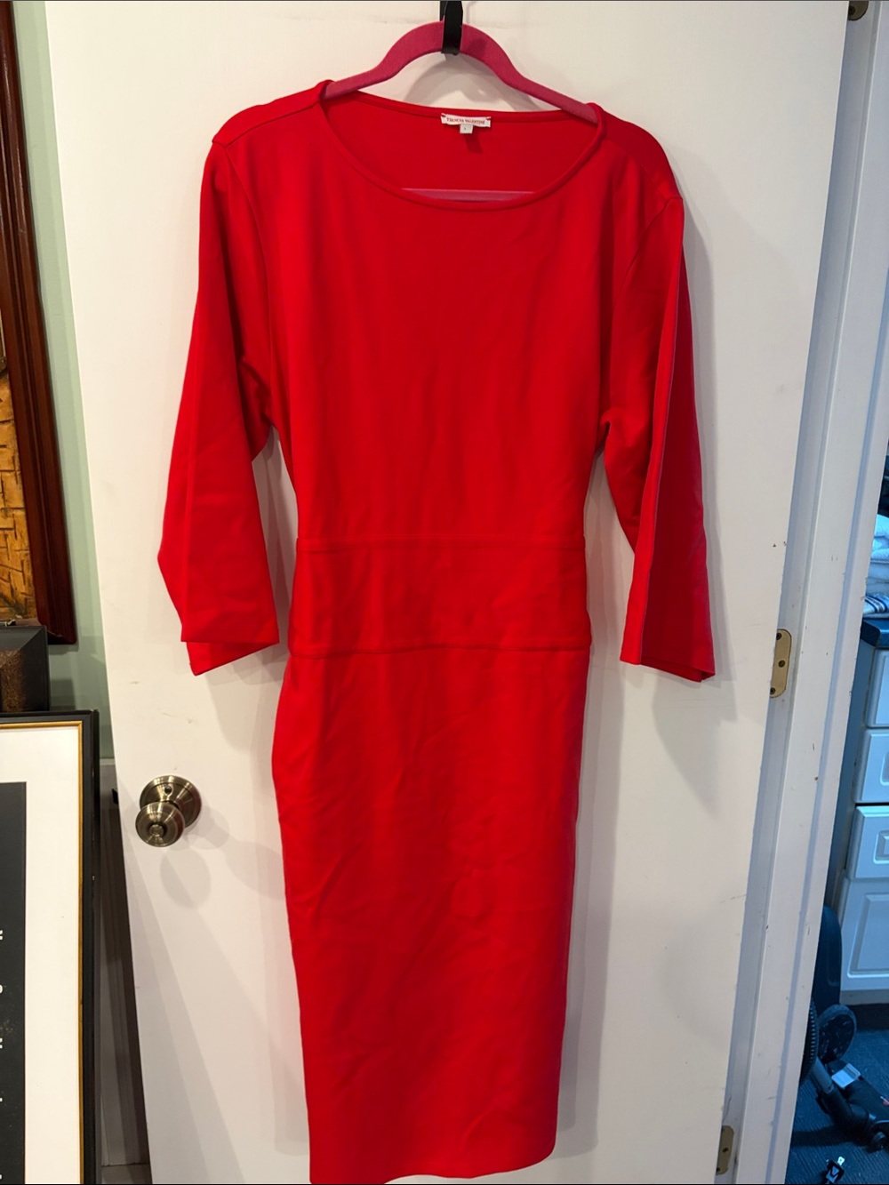 Frances Valentine Large long sleeve Bright Red Midi Sheath Dress